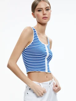 Alice and Olivia DARYN BUTTON FRONT CROPPED TANK WHITE/SAPPHIRE*CLOTHING