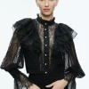 Alice and Olivia DELPHA RUFFLE LACE BLOUSON SLEEVE CROPPED TOP BLACK*FEATURED SHOPS | CLOTHING