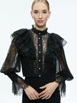 Alice and Olivia DELPHA RUFFLE LACE BLOUSON SLEEVE CROPPED TOP BLACK*FEATURED SHOPS | CLOTHING