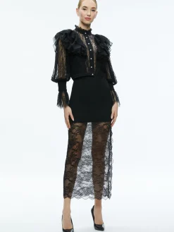 Alice and Olivia DELPHA RUFFLE LACE BLOUSON SLEEVE CROPPED TOP BLACK*FEATURED SHOPS | CLOTHING