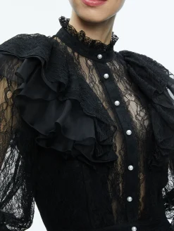 Alice and Olivia DELPHA RUFFLE LACE BLOUSON SLEEVE CROPPED TOP BLACK*FEATURED SHOPS | CLOTHING