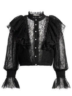 Alice and Olivia DELPHA RUFFLE LACE BLOUSON SLEEVE CROPPED TOP BLACK*FEATURED SHOPS | CLOTHING