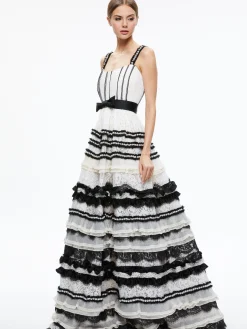 Alice and Olivia DENITA BUSTIER RUFFLE GOWN CREAM/BLACK*DRESSES | DRESSES | CLOTHING