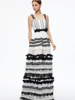 Alice and Olivia DENITA BUSTIER RUFFLE GOWN CREAM/BLACK*DRESSES | DRESSES | CLOTHING
