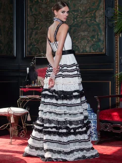 Alice and Olivia DENITA BUSTIER RUFFLE GOWN CREAM/BLACK*DRESSES | DRESSES | CLOTHING