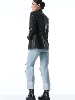 Alice and Olivia DENNY VEGAN LEATHER NOTCH COLLAR BLAZER BLACK*CLOTHING