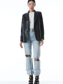 Alice and Olivia DENNY VEGAN LEATHER NOTCH COLLAR BLAZER BLACK*CLOTHING