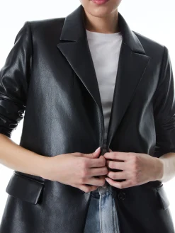 Alice and Olivia DENNY VEGAN LEATHER NOTCH COLLAR BLAZER BLACK*CLOTHING