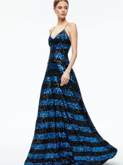 Alice and Olivia DOMENICA SEQUIN GOWN DRESS SAPPHIRE/BLACK STRIPE*DRESSES | DRESSES | CLOTHING