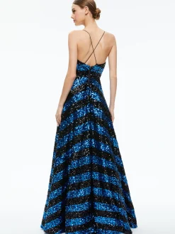 Alice and Olivia DOMENICA SEQUIN GOWN DRESS SAPPHIRE/BLACK STRIPE*DRESSES | DRESSES | CLOTHING