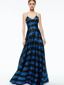 Alice and Olivia DOMENICA SEQUIN GOWN DRESS SAPPHIRE/BLACK STRIPE*DRESSES | DRESSES | CLOTHING