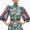Alice and Olivia EARLA VEGAN LEATHER FLARE SKIRT + ILAN SMOCKED SLEEVE BUTTON FRONT BLOUSE *CLOTHING