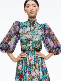 Alice and Olivia EARLA VEGAN LEATHER FLARE SKIRT + ILAN SMOCKED SLEEVE BUTTON FRONT BLOUSE *CLOTHING