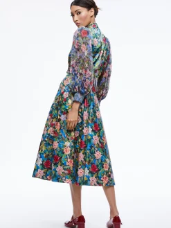 Alice and Olivia EARLA VEGAN LEATHER FLARE SKIRT + ILAN SMOCKED SLEEVE BUTTON FRONT BLOUSE *CLOTHING