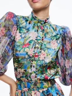 Alice and Olivia EARLA VEGAN LEATHER FLARE SKIRT + ILAN SMOCKED SLEEVE BUTTON FRONT BLOUSE *CLOTHING
