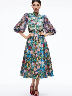 Alice and Olivia EARLA VEGAN LEATHER FLARE SKIRT + ILAN SMOCKED SLEEVE BUTTON FRONT BLOUSE *CLOTHING