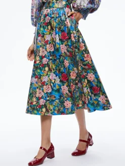 Alice and Olivia EARLA VEGAN LEATHER FLARE SKIRT + ILAN SMOCKED SLEEVE BUTTON FRONT BLOUSE *CLOTHING