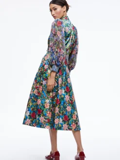 Alice and Olivia EARLA VEGAN LEATHER FLARE SKIRT + ILAN SMOCKED SLEEVE BUTTON FRONT BLOUSE *CLOTHING