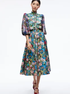 Alice and Olivia EARLA VEGAN LEATHER FLARE SKIRT + ILAN SMOCKED SLEEVE BUTTON FRONT BLOUSE *CLOTHING