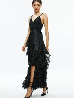 Alice and Olivia EMELIA V-NECK EYELET RUFFLE MAXI DRESS *DRESSES | CLOTHING