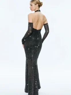 Alice and Olivia FABIOLA EMBELLISHED HALTER NECK GOWN BLACK/GUNMETAL*DRESSES | DRESSES | CLOTHING