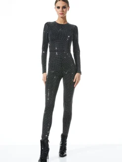 Alice and Olivia FREDDIE CREWNECK EMBELLISHED CATSUIT BLACK/SILVER*CLOTHING