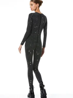 Alice and Olivia FREDDIE CREWNECK EMBELLISHED CATSUIT BLACK/SILVER*CLOTHING