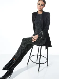 Alice and Olivia FREDDIE CREWNECK EMBELLISHED CATSUIT BLACK/SILVER*CLOTHING