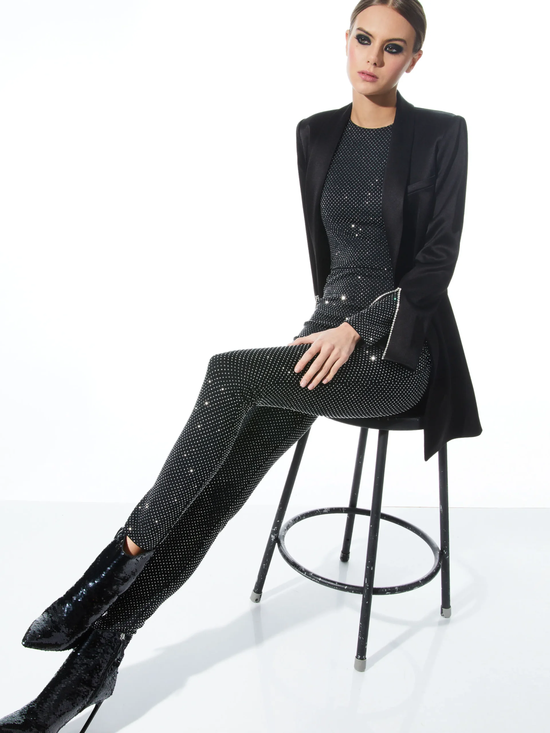 Alice and Olivia FREDDIE CREWNECK EMBELLISHED CATSUIT BLACK/SILVER*CLOTHING