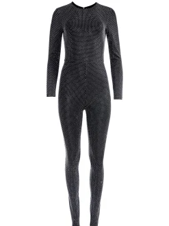 Alice and Olivia FREDDIE CREWNECK EMBELLISHED CATSUIT BLACK/SILVER*CLOTHING