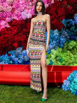 Alice and Olivia GEORGIE CHOKER STRAPLESS GOWN CHAMPAGNE/MULTI*DRESSES | DRESSES | CLOTHING