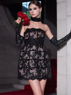 Alice and Olivia GERDA STRAPLESS SEQUIN LACE MINI GOWN BLACK*DRESSES | DRESSES | CLOTHING