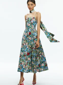Alice and Olivia GLYNIS SPAGHETTI STRAP SCARF MIDI DRESS BREEZE FLORAL*DRESSES | DRESSES | CLOTHING