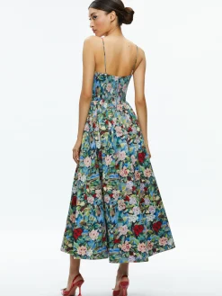 Alice and Olivia GLYNIS SPAGHETTI STRAP SCARF MIDI DRESS BREEZE FLORAL*DRESSES | DRESSES | CLOTHING