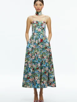 Alice and Olivia GLYNIS SPAGHETTI STRAP SCARF MIDI DRESS BREEZE FLORAL*DRESSES | DRESSES | CLOTHING