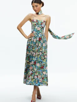 Alice and Olivia GLYNIS SPAGHETTI STRAP SCARF MIDI DRESS BREEZE FLORAL*DRESSES | DRESSES | CLOTHING