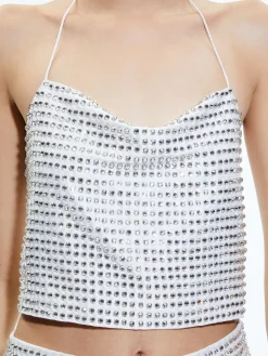 Alice and Olivia GRAZI EMBELLISHED TIE BACK CROP TOP OFF WHITE/SILVER*CLOTHING