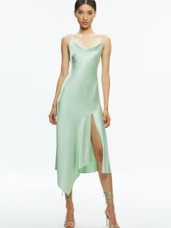 Alice and Olivia HARMONY DRAPEY ASYMMETRICAL MIDI DRESS GREEN TEA*DRESSES | CLOTHING
