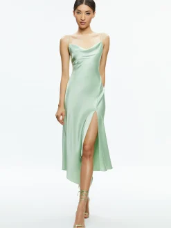 Alice and Olivia HARMONY DRAPEY ASYMMETRICAL MIDI DRESS GREEN TEA*DRESSES | CLOTHING