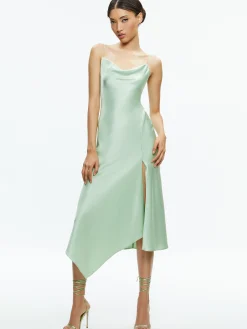 Alice and Olivia HARMONY DRAPEY ASYMMETRICAL MIDI DRESS GREEN TEA*DRESSES | CLOTHING