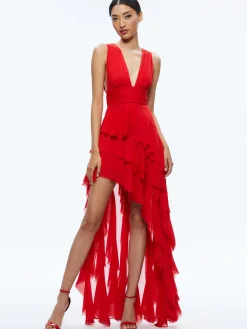 Alice and Olivia HOLLY ASYMMETRIC RUFFLE MAXI DRESS BRIGHT RUBY*DRESSES | DRESSES | CLOTHING