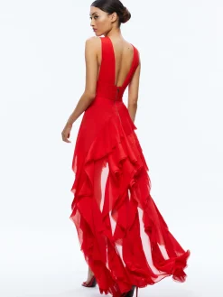 Alice and Olivia HOLLY ASYMMETRIC RUFFLE MAXI DRESS BRIGHT RUBY*DRESSES | DRESSES | CLOTHING
