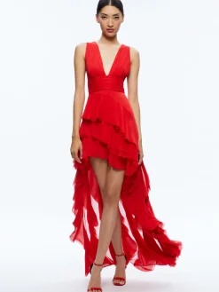 Alice and Olivia HOLLY ASYMMETRIC RUFFLE MAXI DRESS BRIGHT RUBY*DRESSES | DRESSES | CLOTHING