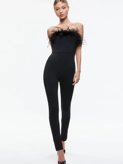 Alice and Olivia IDELL OFF SHOULDER FEATHER TRIM JUMPSUIT BLACK*CLOTHING