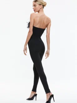 Alice and Olivia IDELL OFF SHOULDER FEATHER TRIM JUMPSUIT BLACK*CLOTHING