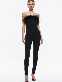 Alice and Olivia IDELL OFF SHOULDER FEATHER TRIM JUMPSUIT BLACK*CLOTHING
