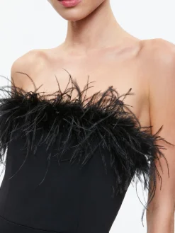 Alice and Olivia IDELL OFF SHOULDER FEATHER TRIM JUMPSUIT BLACK*CLOTHING