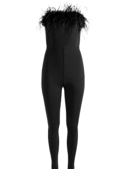 Alice and Olivia IDELL OFF SHOULDER FEATHER TRIM JUMPSUIT BLACK*CLOTHING