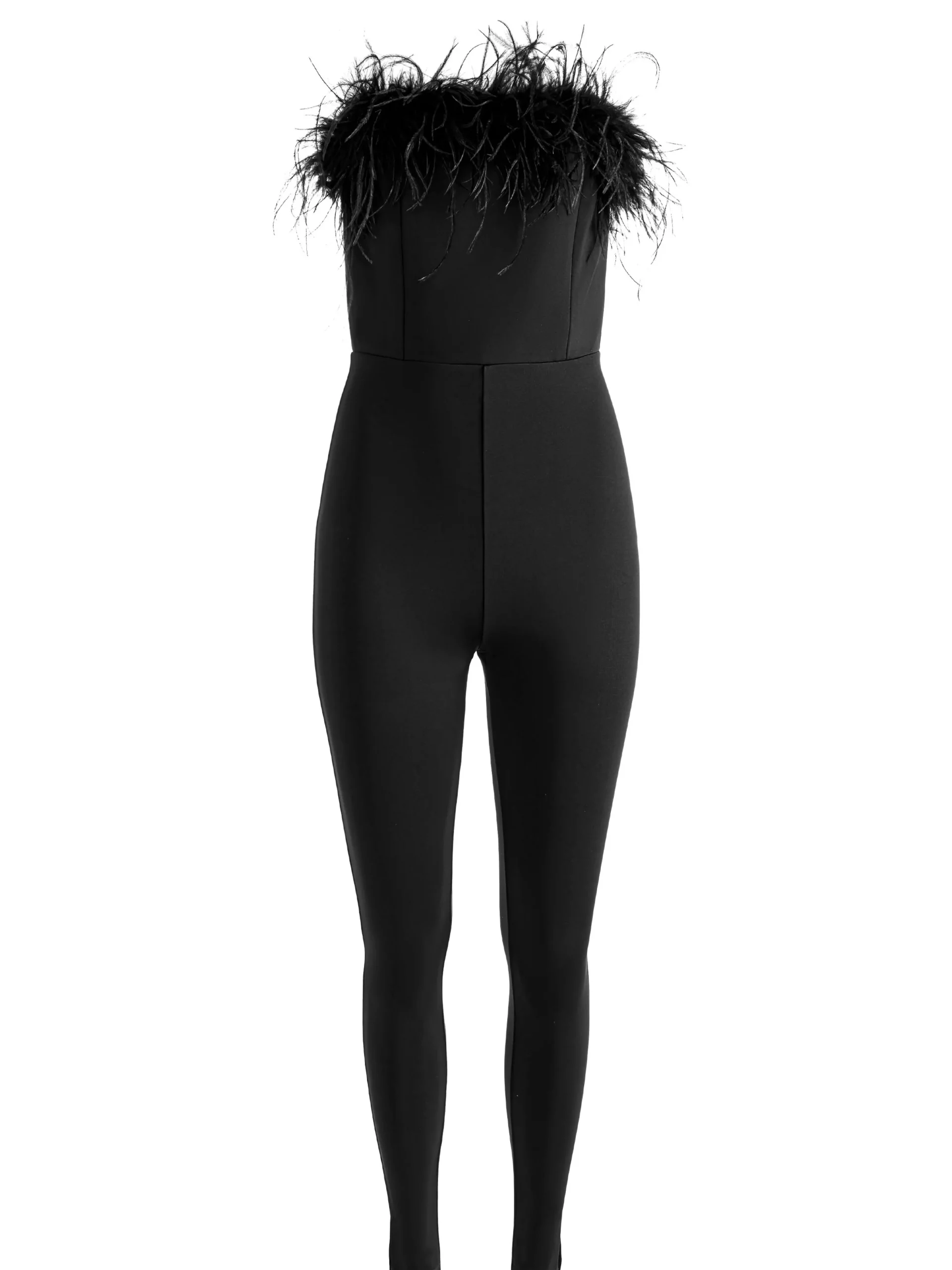 Alice and Olivia IDELL OFF SHOULDER FEATHER TRIM JUMPSUIT BLACK*CLOTHING