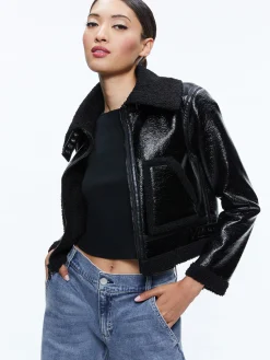 Alice and Olivia ISAIAH VEGAN LEATHER FAUX SHEARLING CROPPED JACKET BLACK*FEATURED SHOPS | CLOTHING